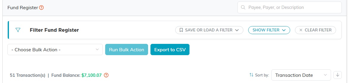 The Fund Register with its search, filter, bulk action and running fund balance