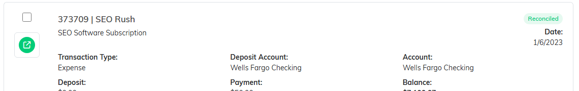 A fund register transaction row marked Reconciled, with its open icon