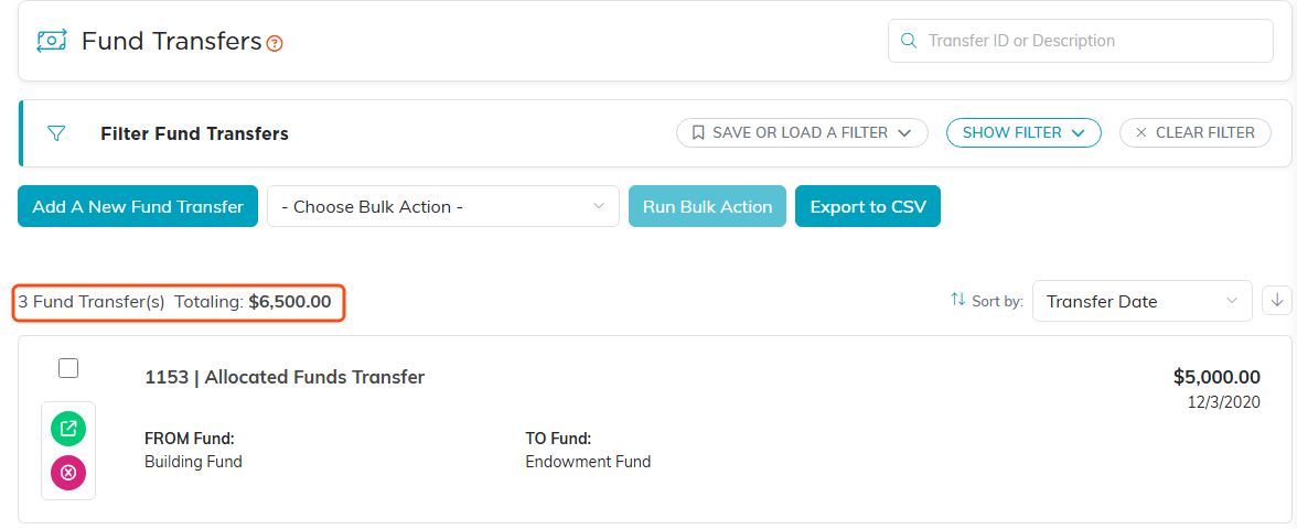 The Fund Transfers list with the running total highlighted