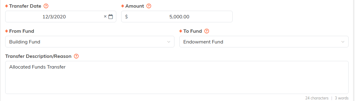 The Fund Transfer Details form showing Transfer Date, Amount, From Fund, To Fund and Description
