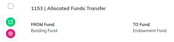 A fund transfer row showing the green arrow and pink X