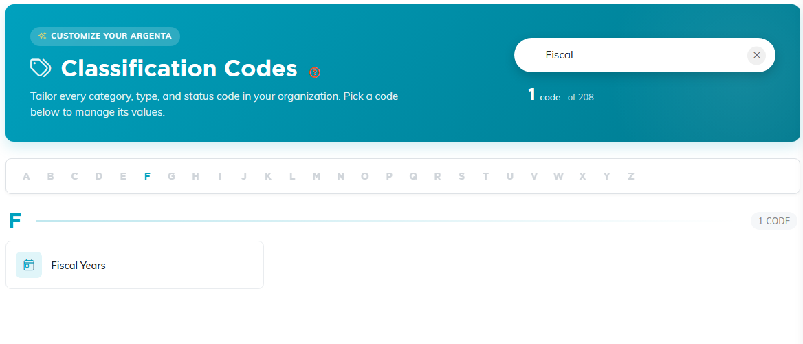 The Classification Codes page filtered to Fiscal Years