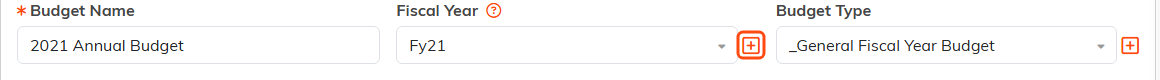 The Fiscal Year dropdown on a budget with the orange add icon highlighted