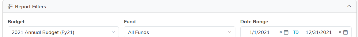 The Budget to Actual report filters showing the budget with its fiscal year