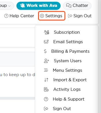 The Settings menu open at the top right with Subscription at the top of the list