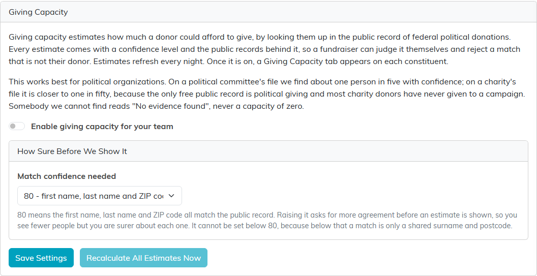 The Giving Capacity settings with the Enable giving capacity for your team switch, Match confidence needed, Save Settings and Recalculate All Estimates Now