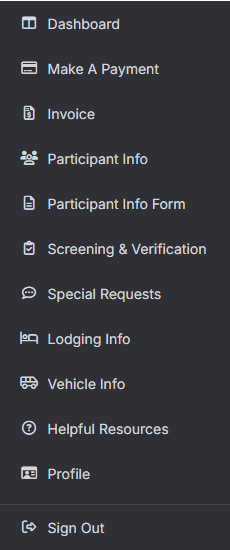 The customer portal menu, with Invoice listed between Make A Payment and Participant Info.