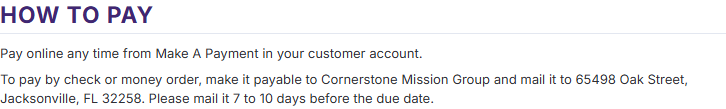 The How to Pay section, explaining online payment from Make A Payment and mailing a check or money order to the organization's address.