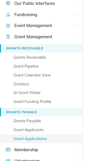 The left menu with Grant Management expanded, showing the Grants Payable heading and the Grants Payable link beneath it