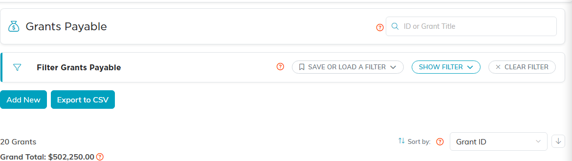 The Grants Payable list header with the Add New and Export to CSV buttons