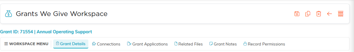 The Grants We Give Workspace header showing the grant ID and title, with the six tabs Grant Details, Connections, Grant Applications, Related Files, Grant Notes and Record Permissions