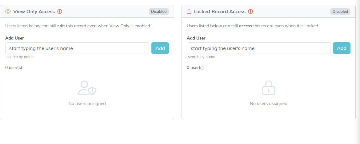 The Record Permissions tab with two cards, View Only Access and Locked Record Access, each showing a Disabled badge, an Add User search box with an Add button, and a user count