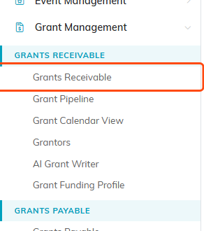 The Grant Management menu with Grants Receivable highlighted