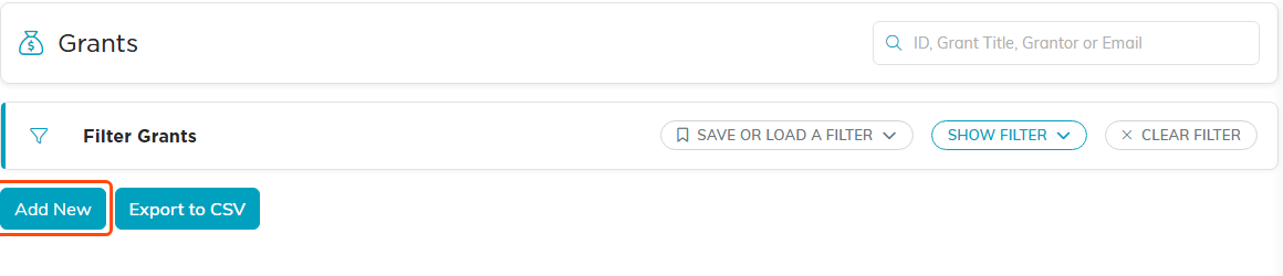 The top of the Grants list with Add New highlighted