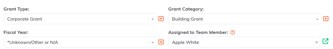 Grant Type, Grant Category, Fiscal Year and Assigned to Team Member