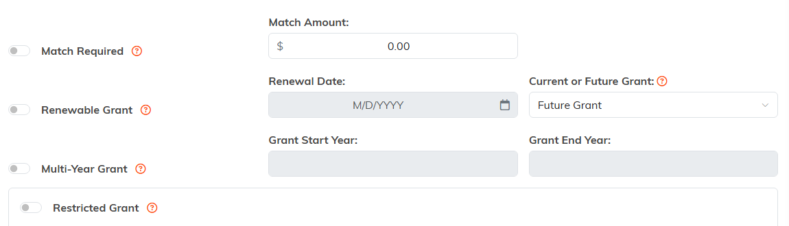The Match Required, Renewable Grant and Multi-Year Grant switches