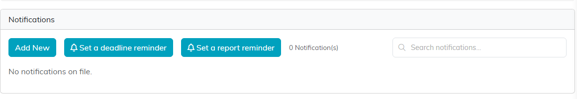 The grant Notifications page with the Add New, Set a deadline reminder and Set a report reminder buttons