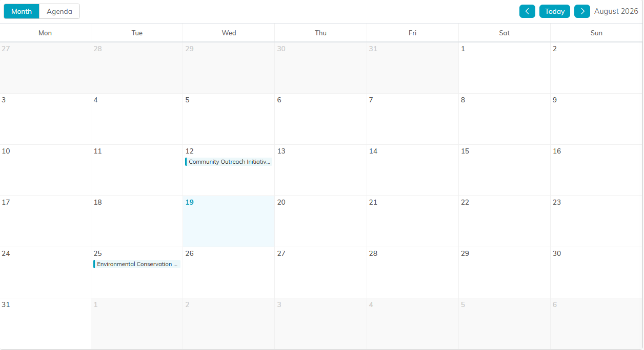 The grant calendar in month view with two grants plotted