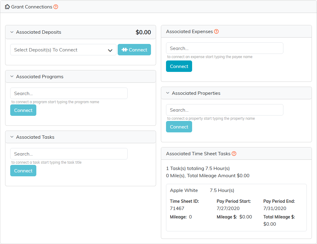 The Grant Connections page showing six panels