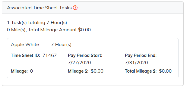 The Associated Time Sheet Tasks panel showing one task totaling seven hours