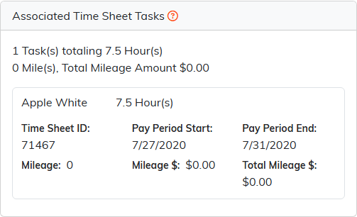 The Associated Time Sheet Tasks panel showing one task totaling 7.5 hours