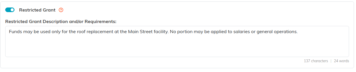 The Restricted Grant switch on with the description box filled in