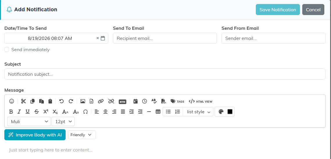 The Add Notification form with date, addresses, subject and message