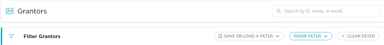 The top of the Grantors list with the search box and filter bar