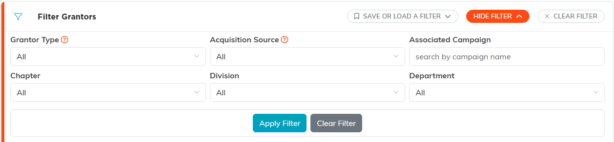 The grantor filter panel with six filter fields