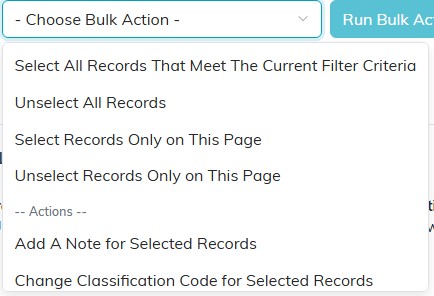The bulk action menu open showing the selection helpers