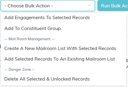 The rest of the bulk action menu showing the actions and the danger zone