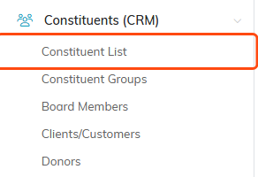 The Constituents CRM menu expanded with Constituent List highlighted