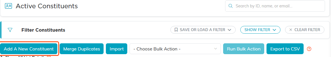 The Constituent List page with the Add A New Constituent button highlighted