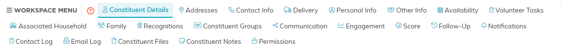The Constituent Workspace menu listing every section of a household record