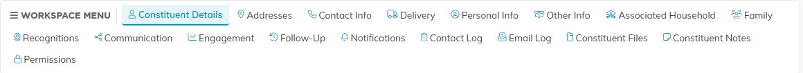 The Constituent Workspace menu listing every section of a household record