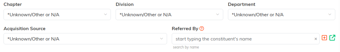 The Chapter, Division, Department, Acquisition Source and Referred By fields