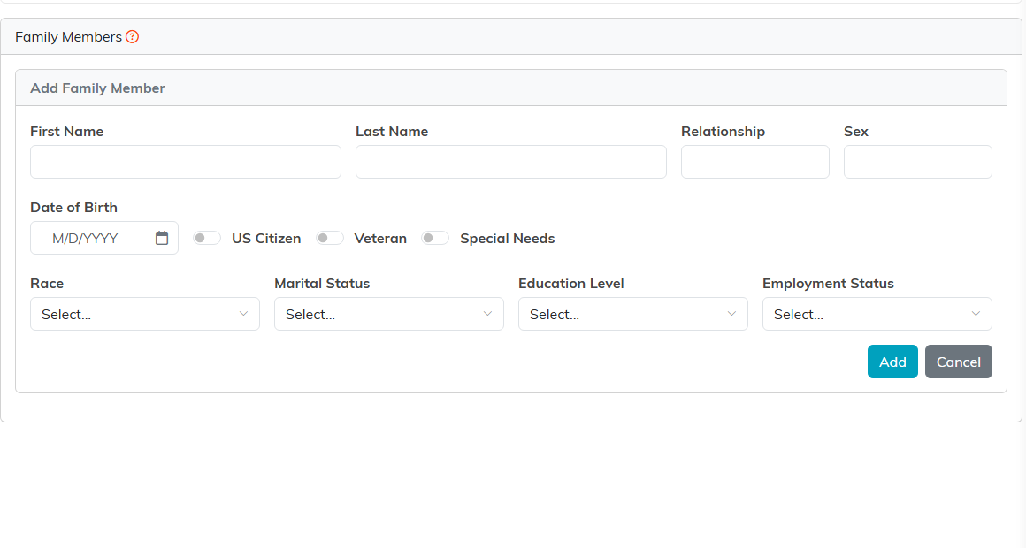 The Family Members form open, with name, relationship and other fields