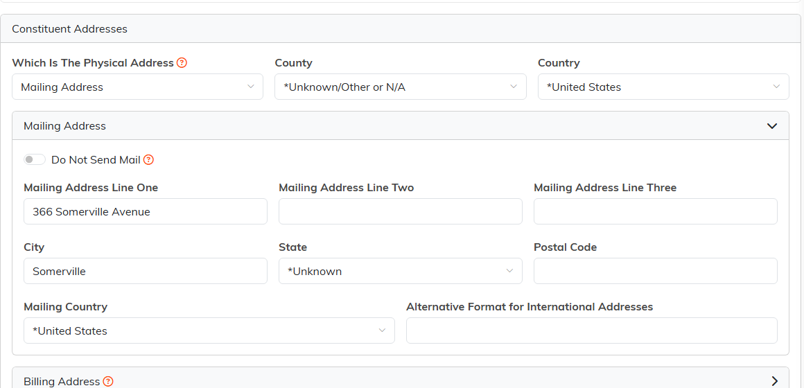 The Addresses section with mailing address fields