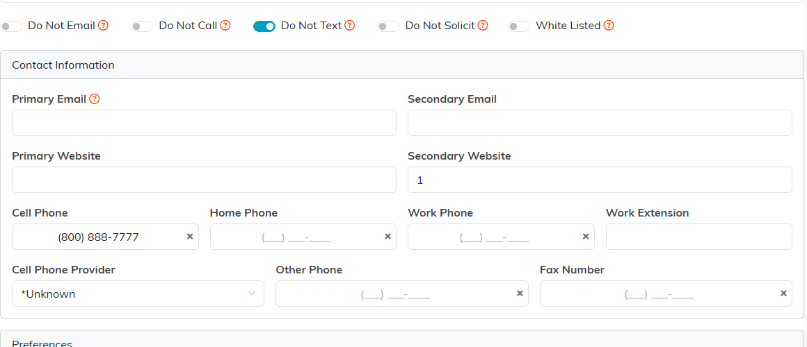 The Contact Info section with email, phone and the do not contact switches