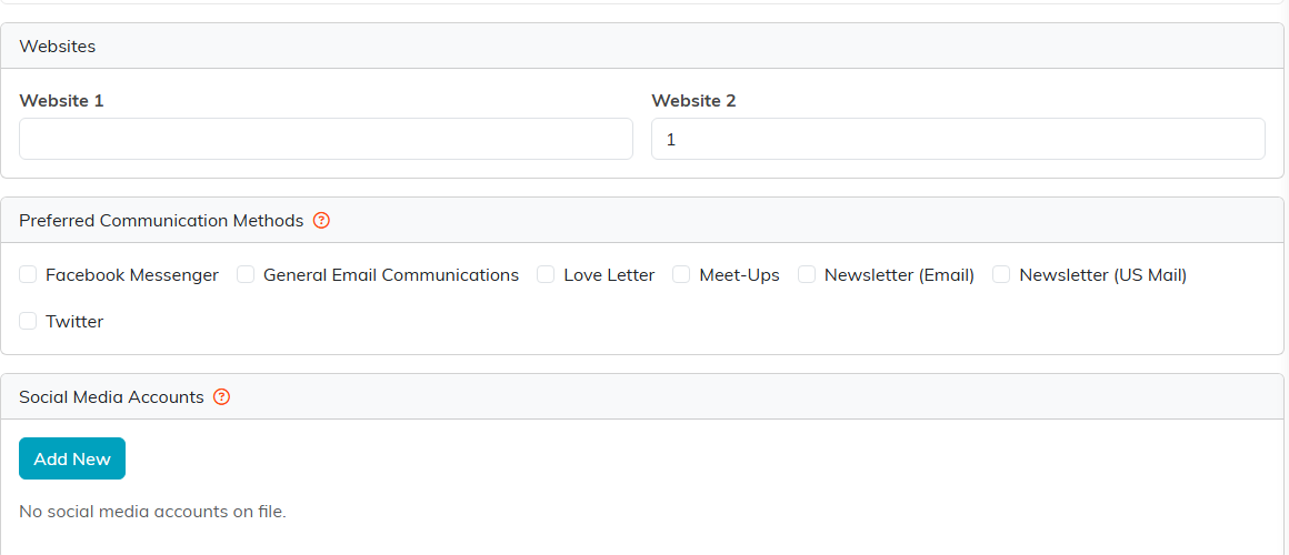 The Communication section with websites and communication types