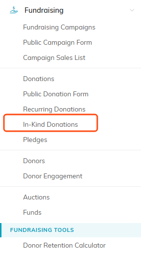 The Fundraising menu with In-Kind Donations highlighted