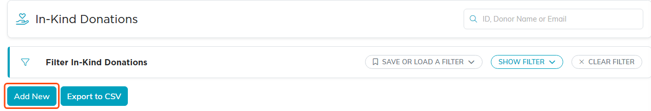 The top of the In-Kind Donations list with Add New highlighted