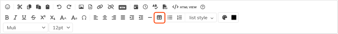 The content editor toolbar with the Insert Table button outlined