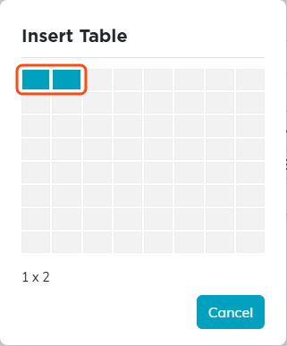 The Insert Table box with the first two squares of the top row highlighted and outlined, and 1 x 2 shown underneath