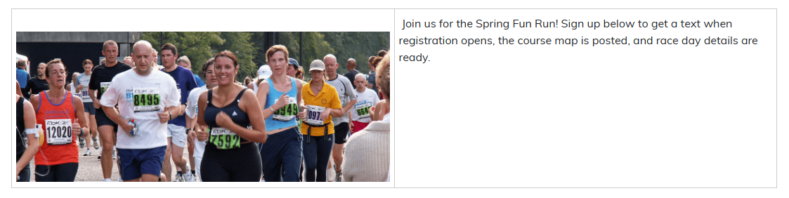 The content editor showing a two-column table with a photo of runners in the left column and a paragraph in the right column, with thin gray lines around both columns