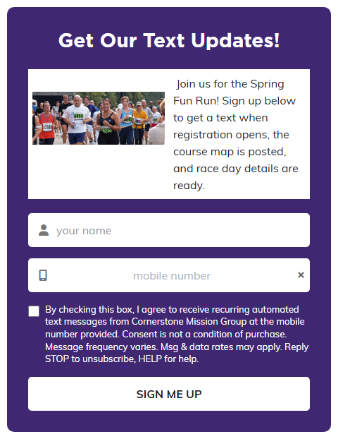 A public text opt-in form with a photo of runners on the left and a short paragraph about a Spring Fun Run on the right, above the name and mobile number fields