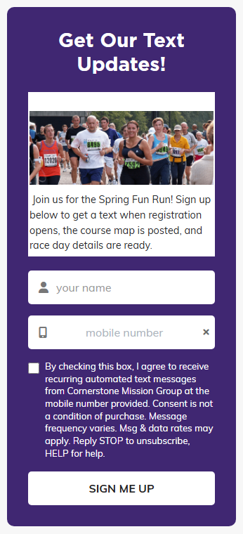 The same public form on a phone, with the photo of runners above the paragraph instead of beside it