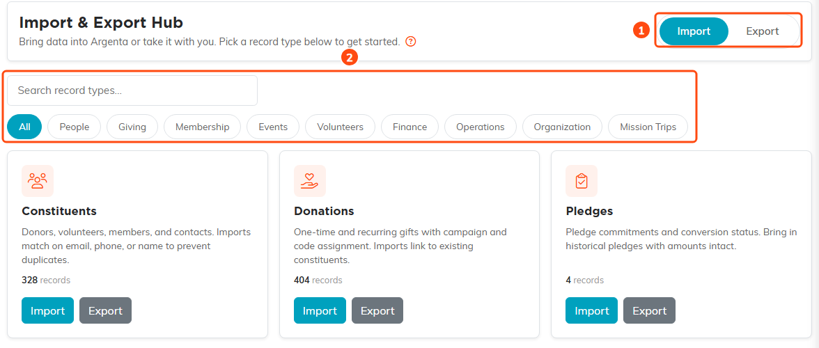 The Import and Export Hub showing the Import and Export toggle, the search box and category pills, and the first row of record type cards