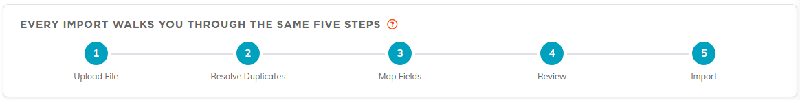 The five step strip on the Import and Export Hub: Upload File, Resolve Duplicates, Map Fields, Review, Import