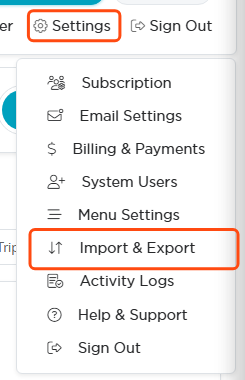 The Settings menu open in the top bar with the Import and Export item highlighted